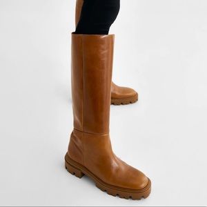NWT Zara knee keg tall lug sole low heel cognac/camel leather boots